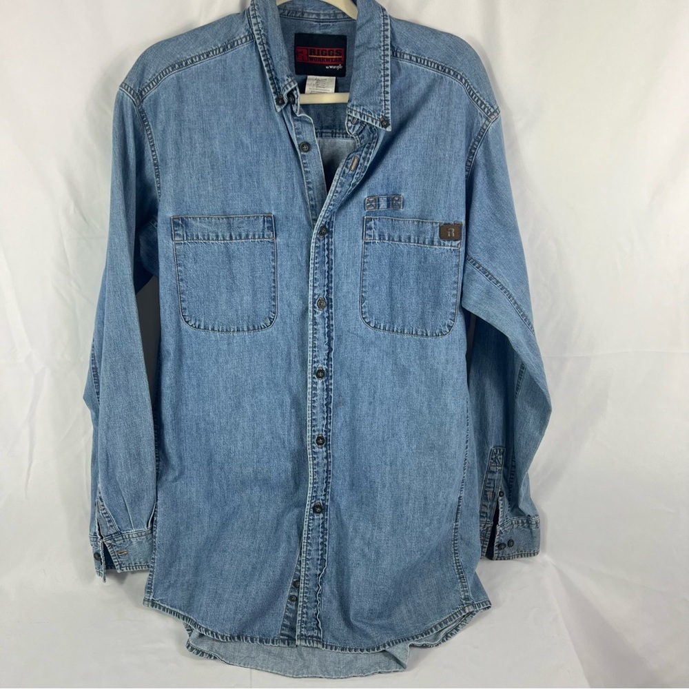 Wrangler Riggs Workwear Blue Denim Button-Up Shirt Large Tall 100% cotton